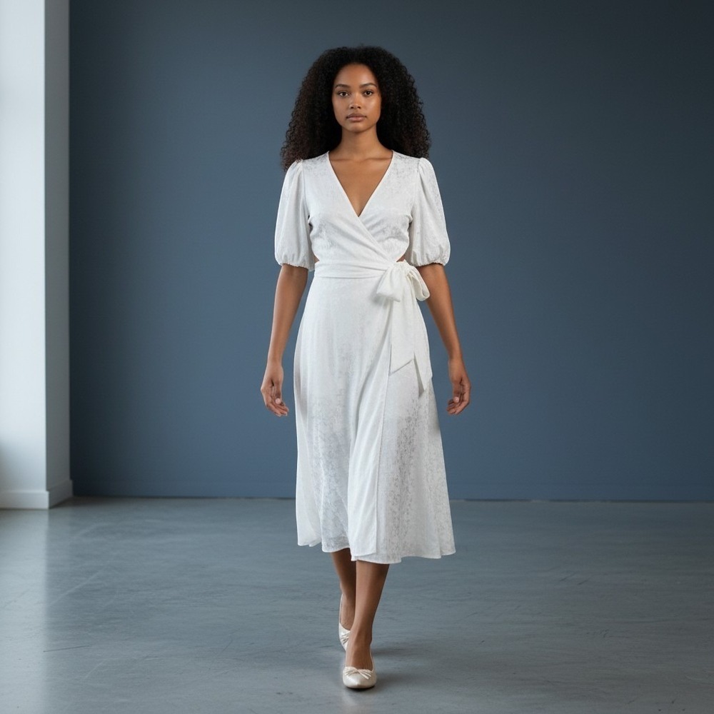 Tuckernuck Callahan Knitwear White Jacquard Wrap Midi Dress V-Neck Tie Waist XS
